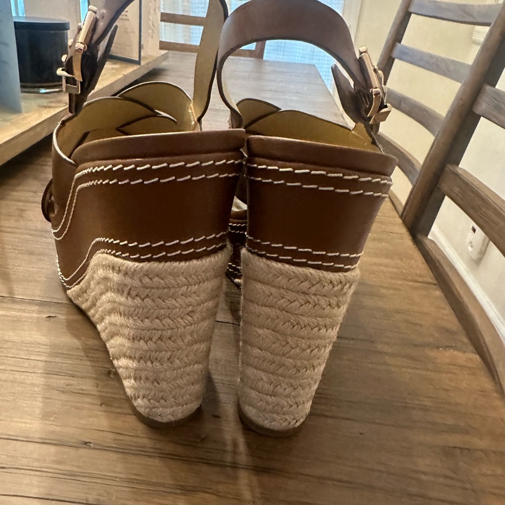 Michael Kors Tan Leather Crisscross Wedge Sandals - Picture 7 of 10